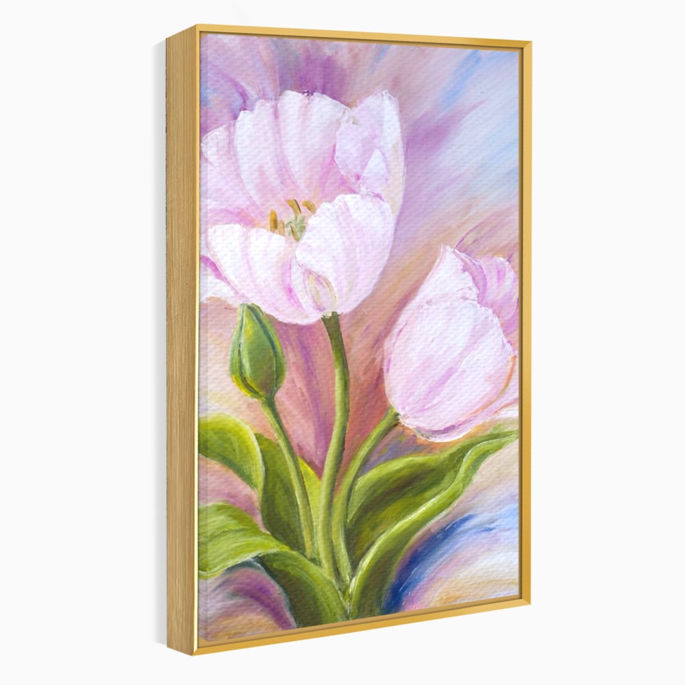 Tablou canvas cu tablou canvas cu lalele roz, in rama de aluminiu auriu